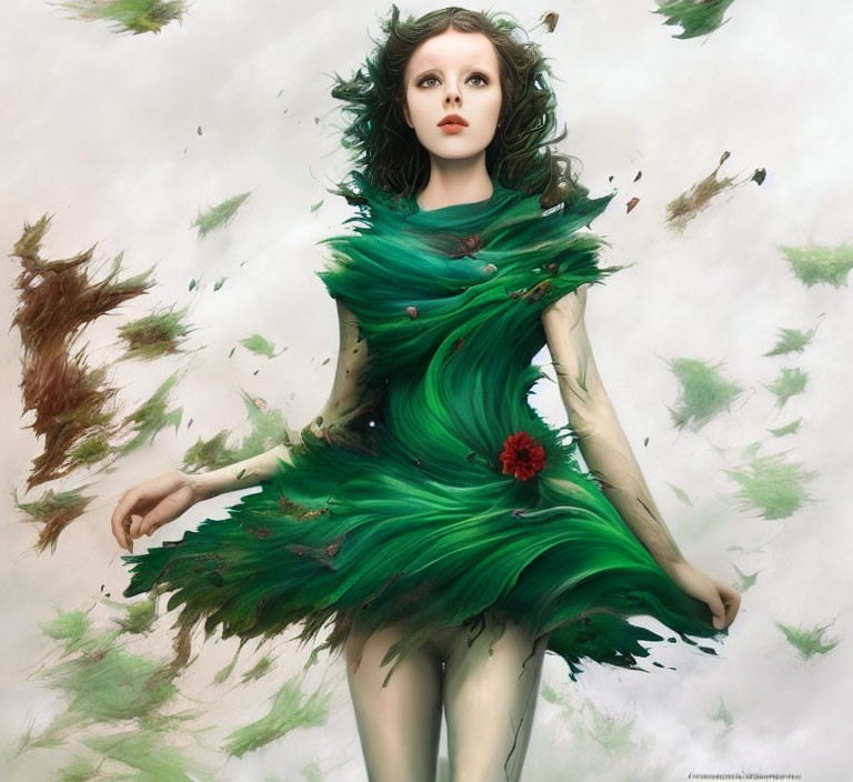 Digital artwork: Woman with green hair and leaf dress in foliage whirl.