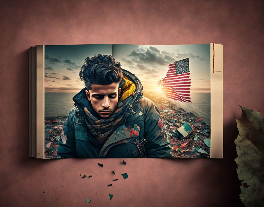 Photorealistic conceptual art: man's head merges with open book showing sunset & American flag