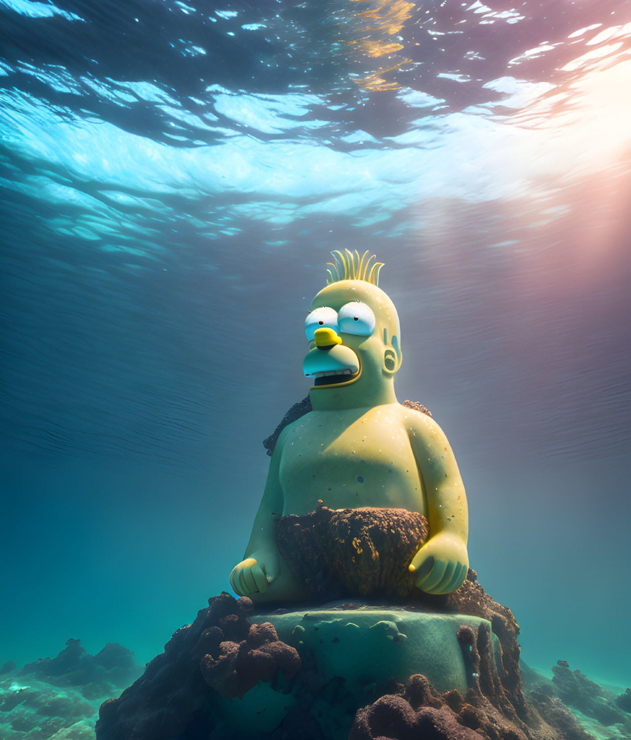 Homer Simpson underwater on coral reef with beams of light