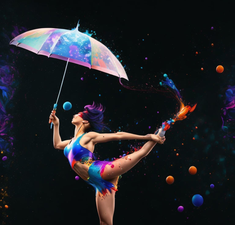 Colorful Body Paint Person Holding Galaxy Umbrella in Dark Setting