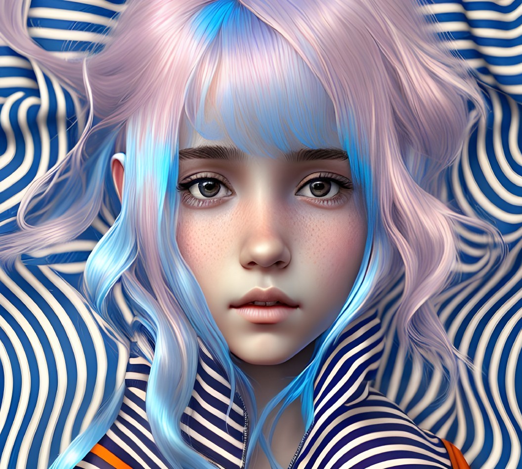 Digital artwork featuring girl with blue and pink hair, expressive eyes, freckles, on striped blue