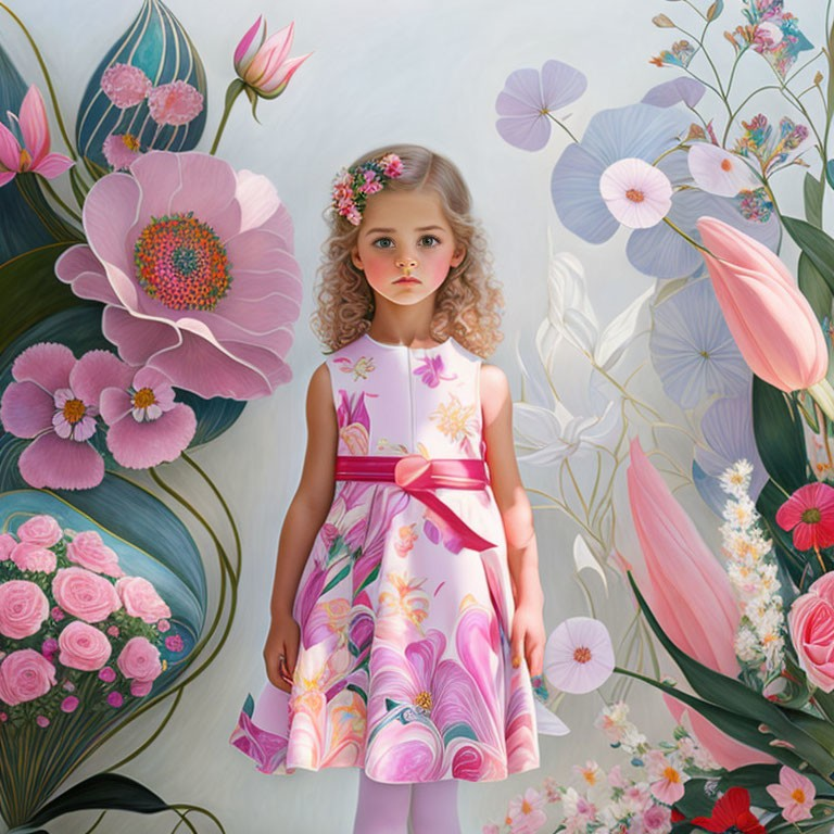 Young girl in floral dress surrounded by oversized flowers and wearing blooms in her hair