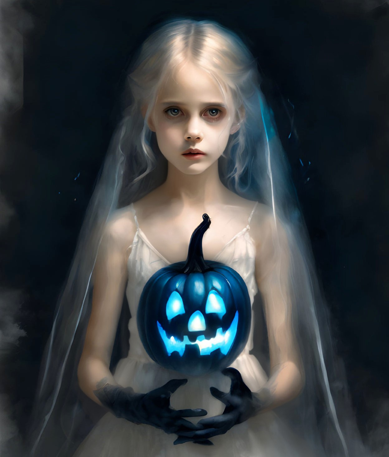 Pale girl with white hair holding blue jack-o'-lantern in dark setting