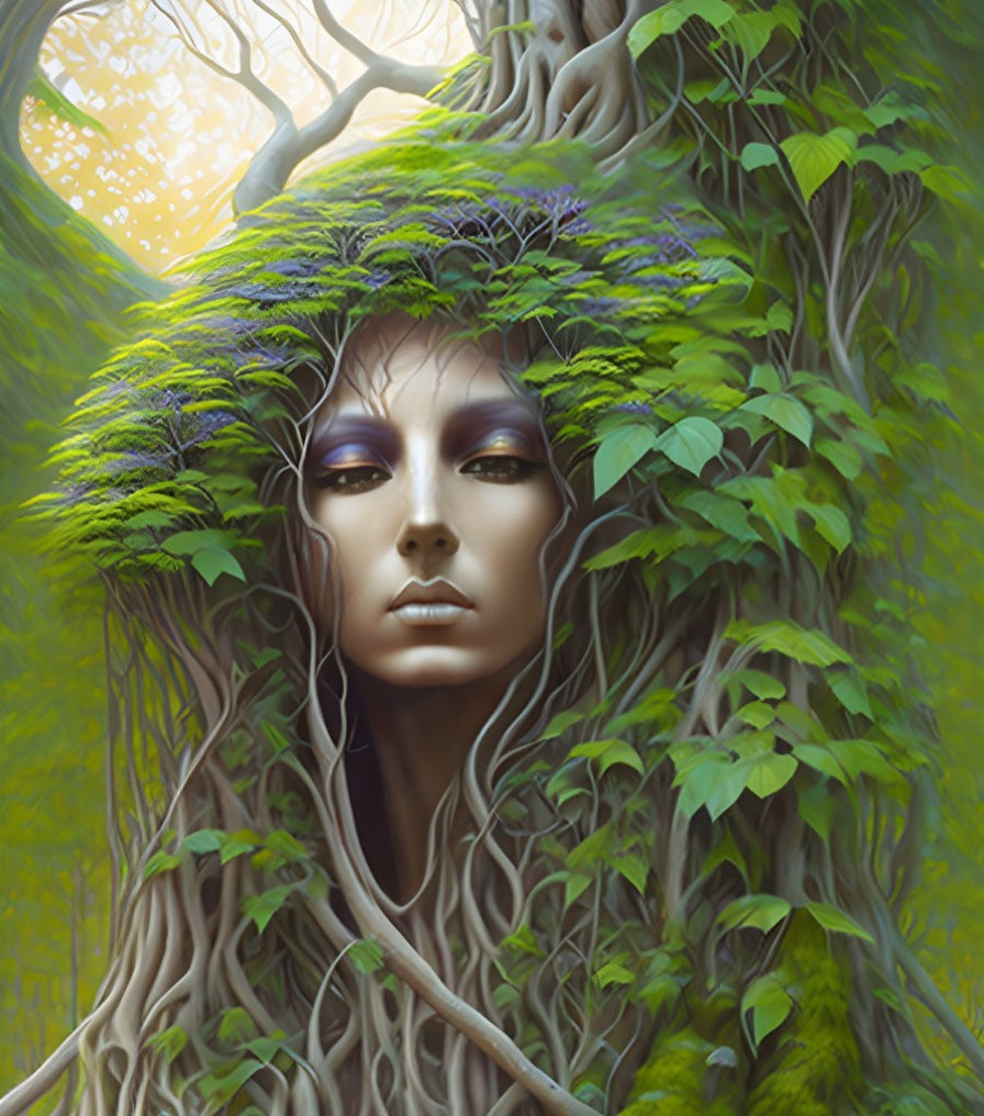 Female face merged with tree in nature setting symbolizing mystical union