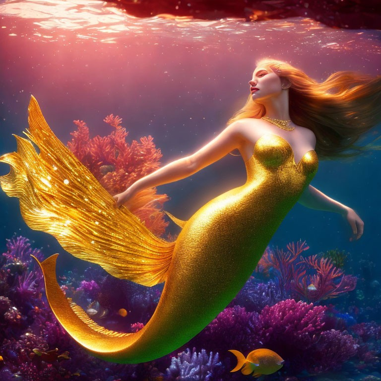 Golden-tailed mermaid swimming in vibrant underwater scene