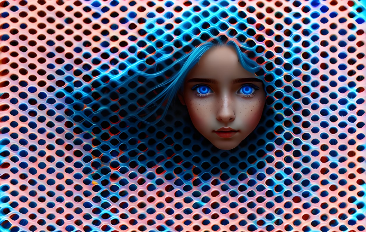 Surreal image of woman with blue hair and eyes against patterned surface