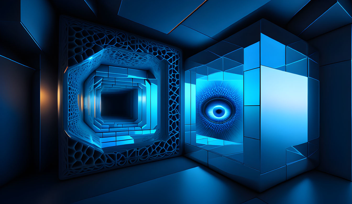 Futuristic 3D tunnel with blue lighting and hexagonal patterns leading to glowing eye symbol.