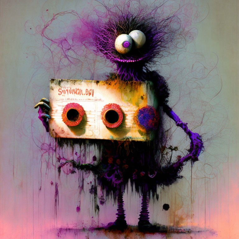 Colorful creature with one large eye and multiple smaller eyes on a muted background