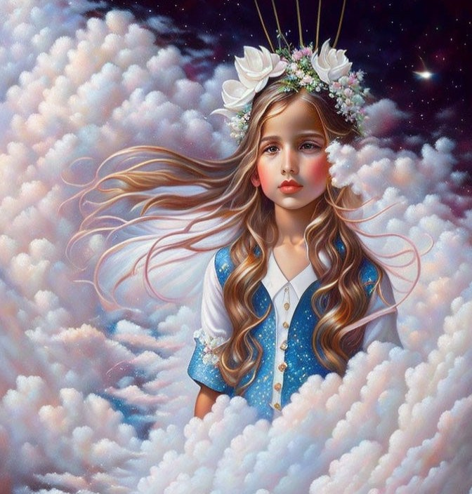 Young girl with long hair and floral crown in blue starry outfit among fluffy clouds