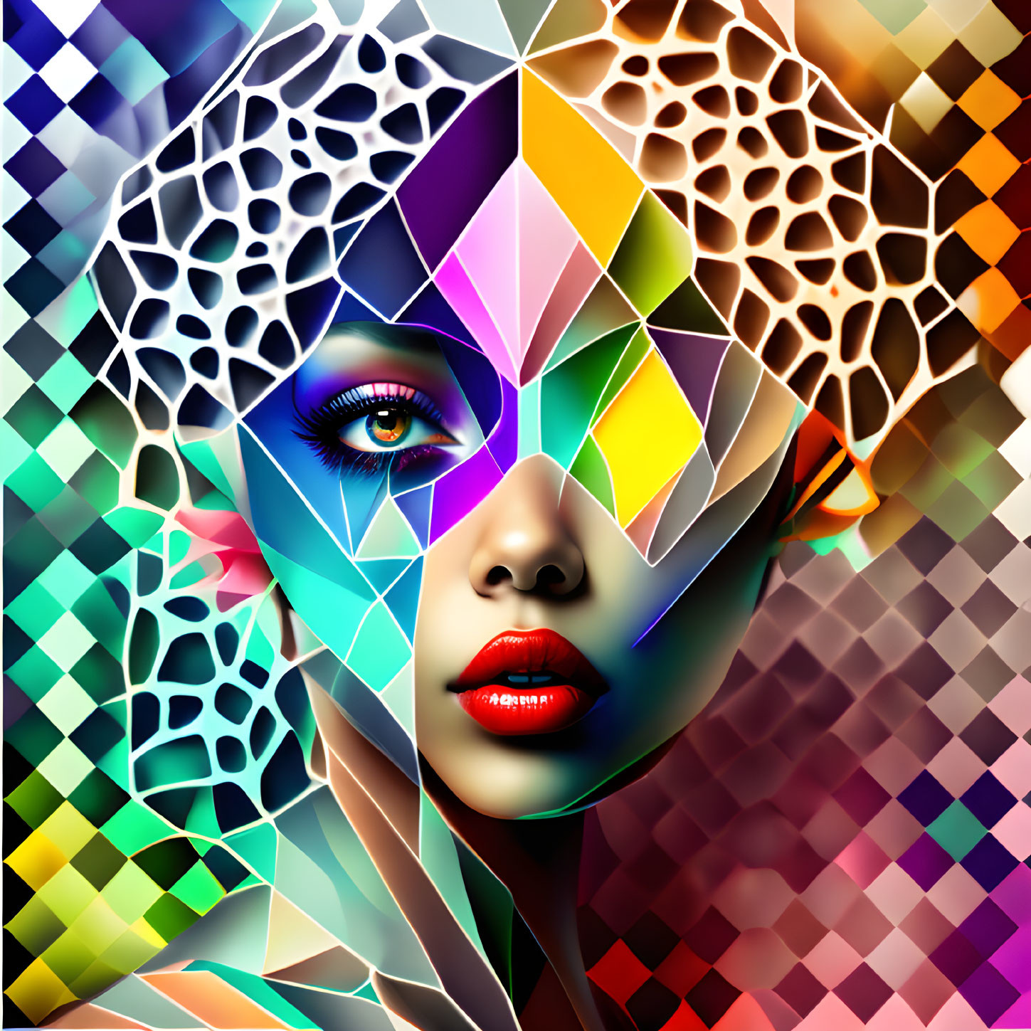 Vibrant digital portrait featuring woman with geometric patterns and mosaic textures