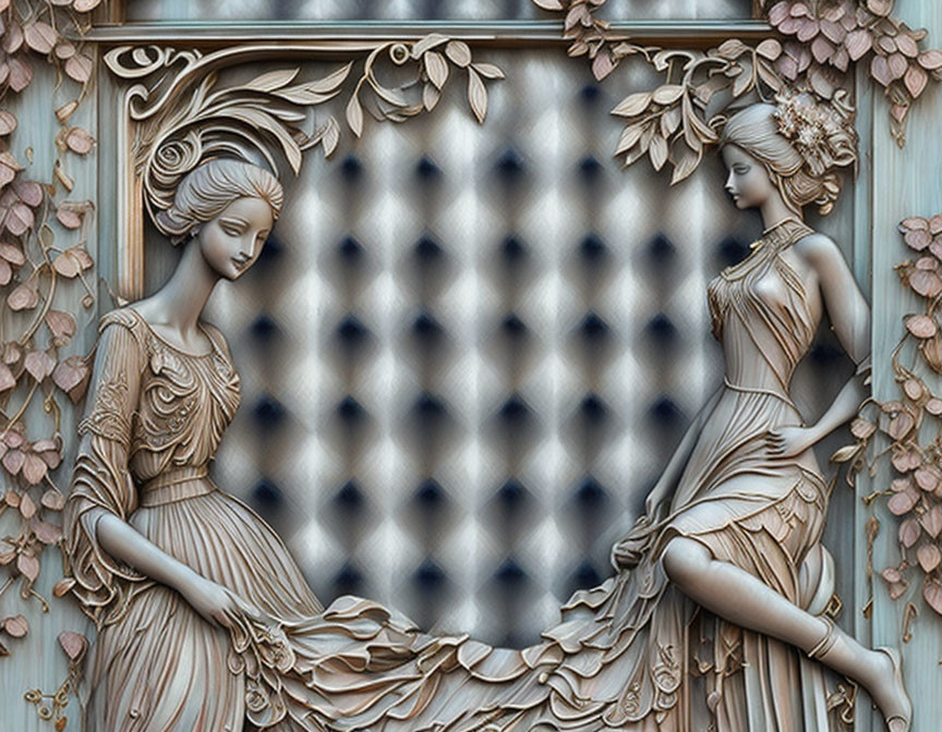 Detailed Bas-Relief Carving of Elegant Women in Classical Attire