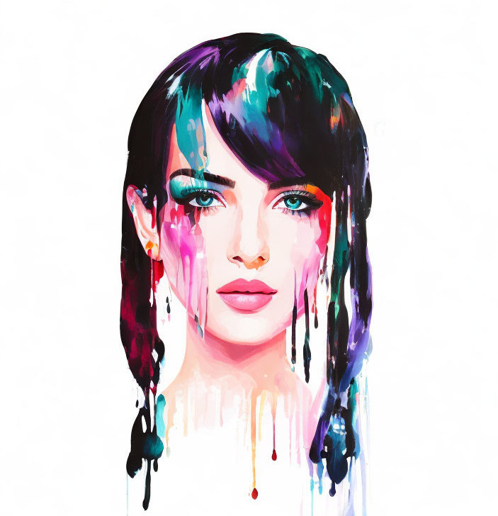 Vibrant Abstract Portrait of a Woman with Colorful Drips