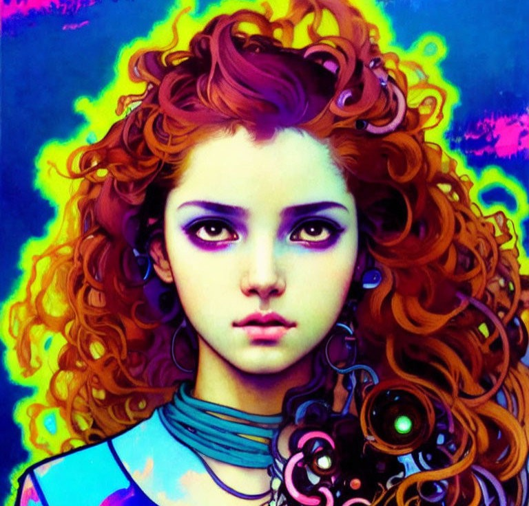 Colorful portrait of a woman with curly red hair and intense gaze