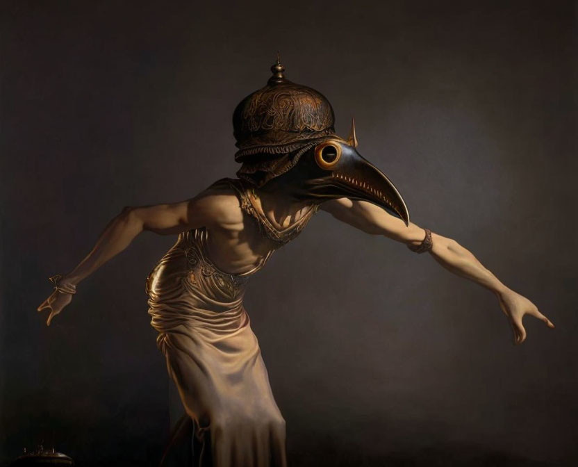 Person in Bird-Like Plague Doctor Mask in Dark, Classical Setting