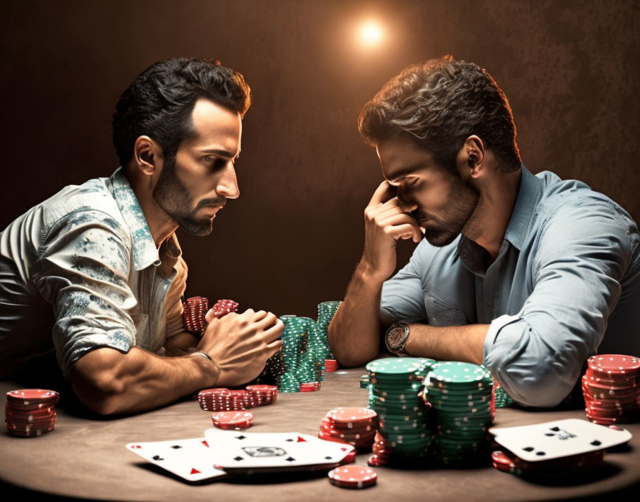 Intense poker game between two men with chips and cards