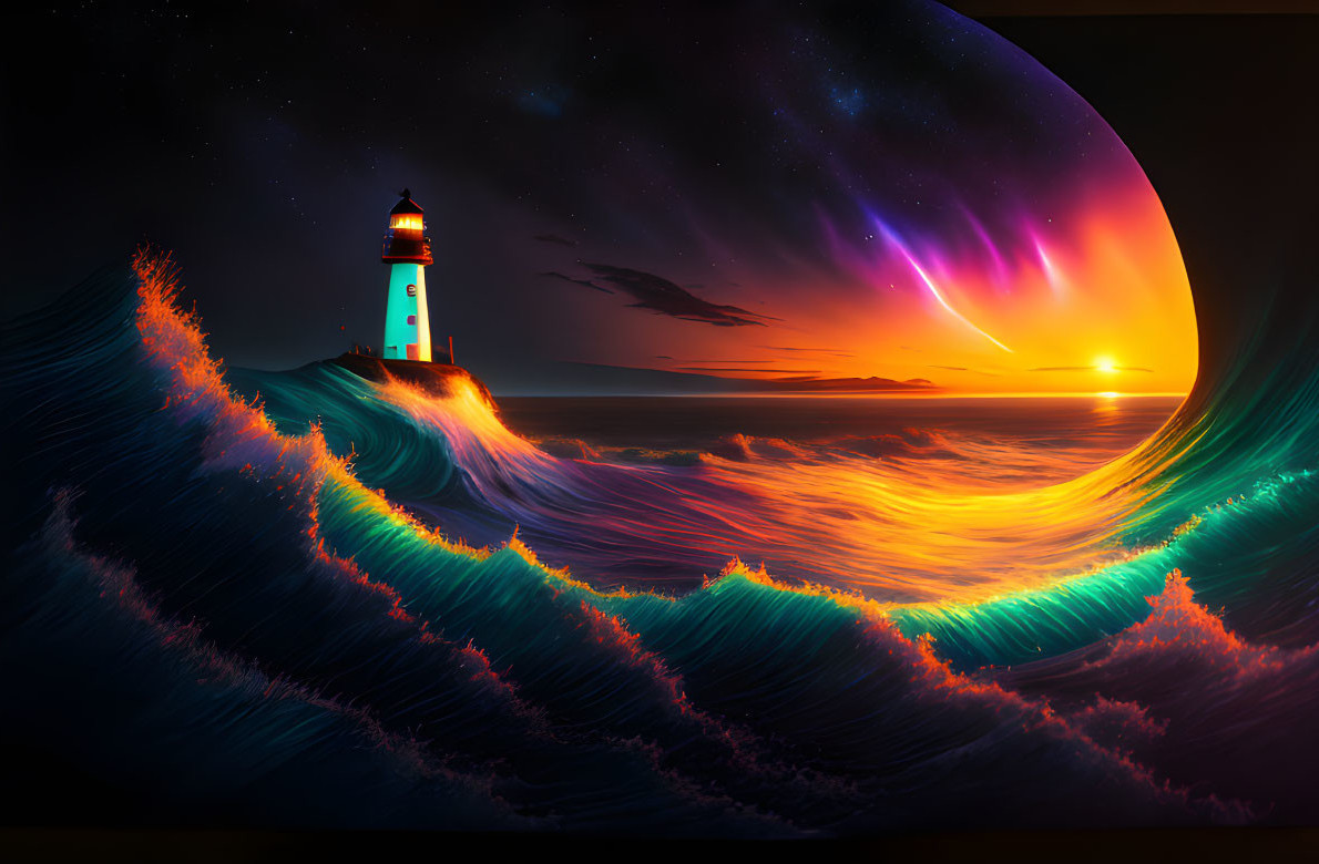 Lighthouse on Cliff with Towering Waves, Planet, and Aurora Lights