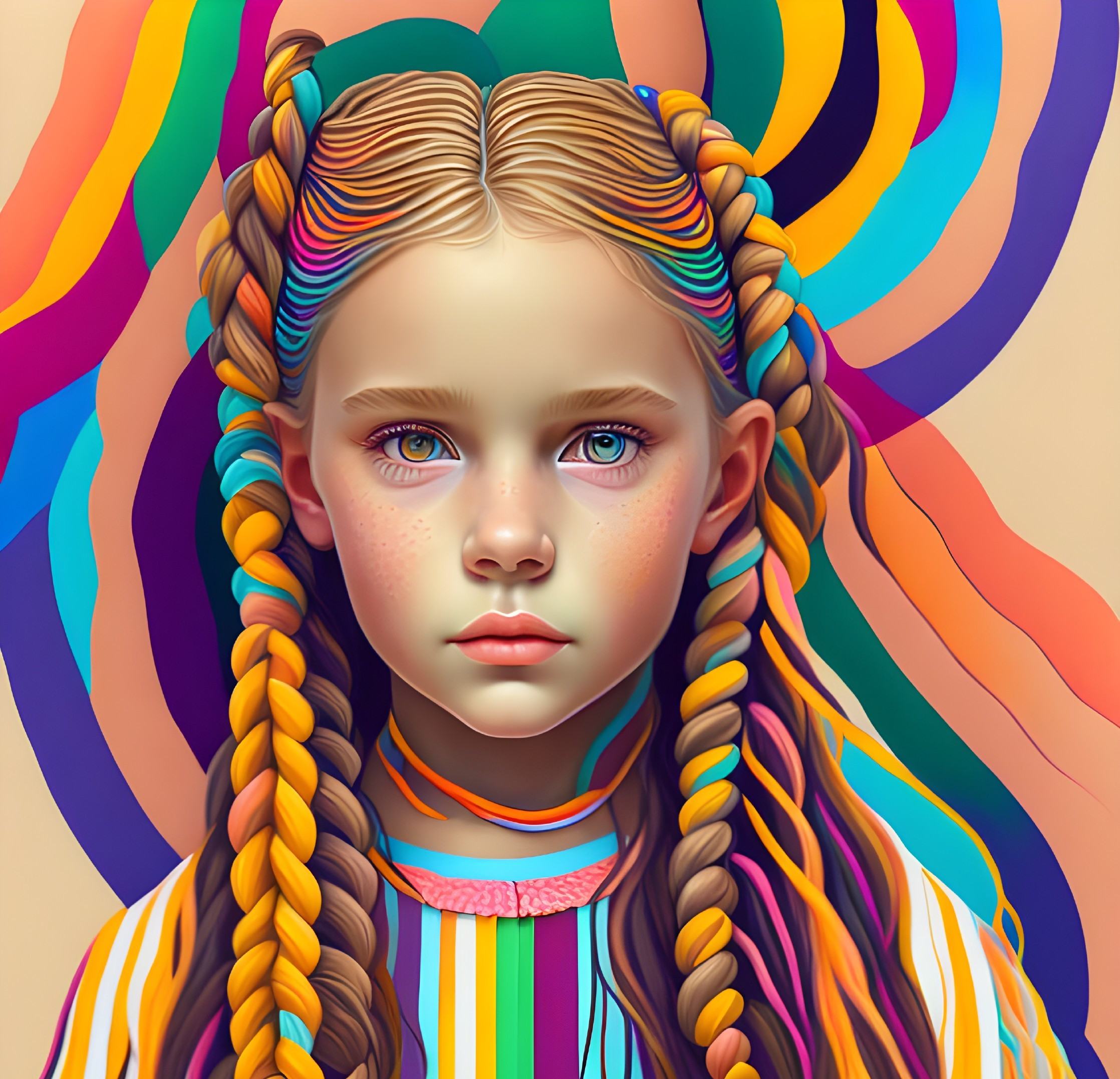 Vibrant digital artwork: Young girl with multicolored hair braids and blue eyes