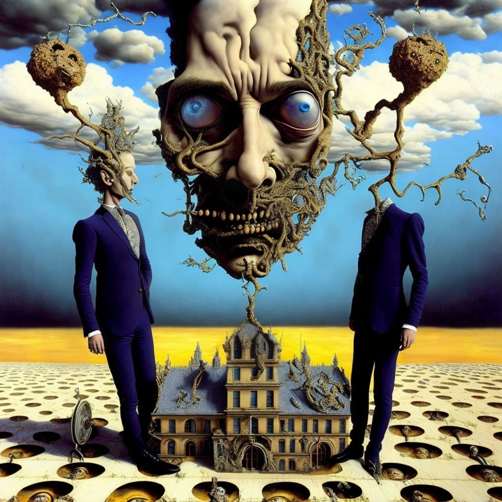 Surreal Artwork: Two Men in Suits, Melting Face, Castle, Checkerboard