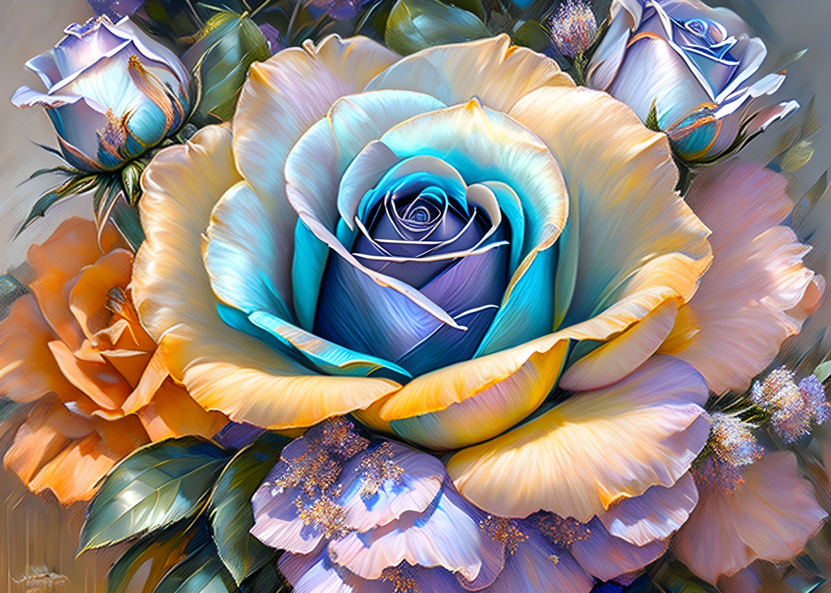 Colorful digital painting of blue and yellow roses in a garden setting