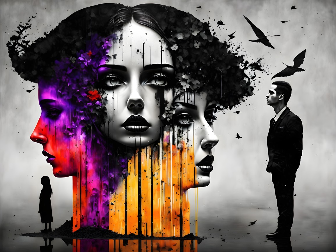 Surreal artwork: multiple female faces, colorful paint drips, grayscale to vibrant colors, sil