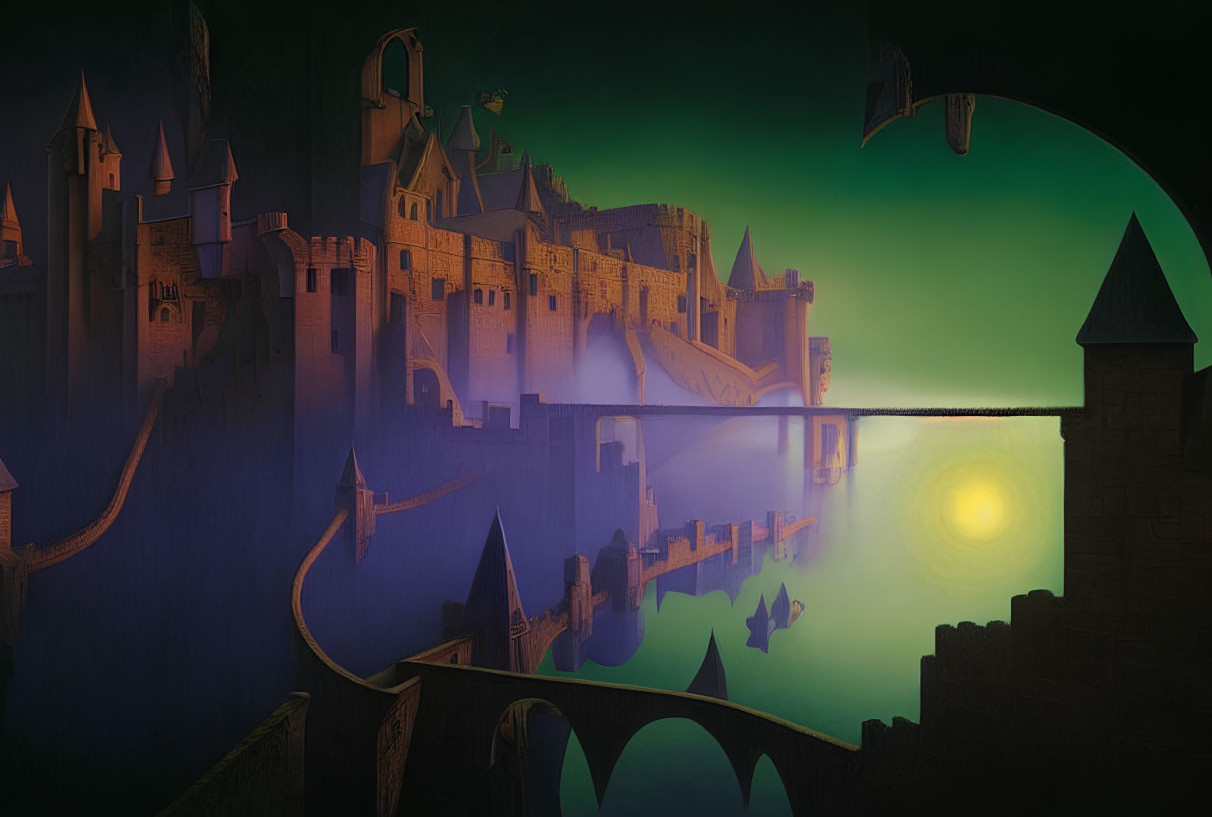 Dark castle with turrets and bridges in green glow under yellow moon