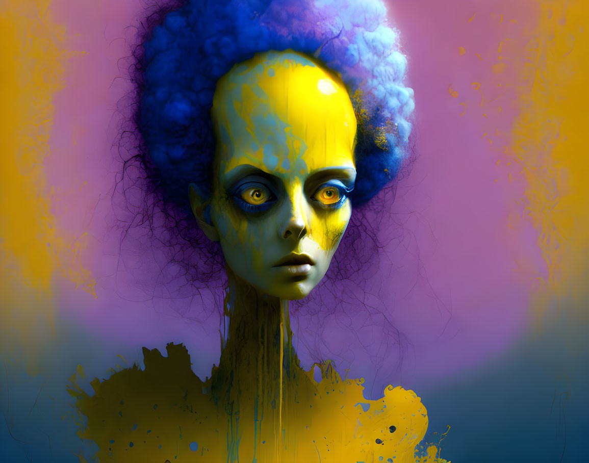 Vibrant surreal portrait with yellow skin and blue afro