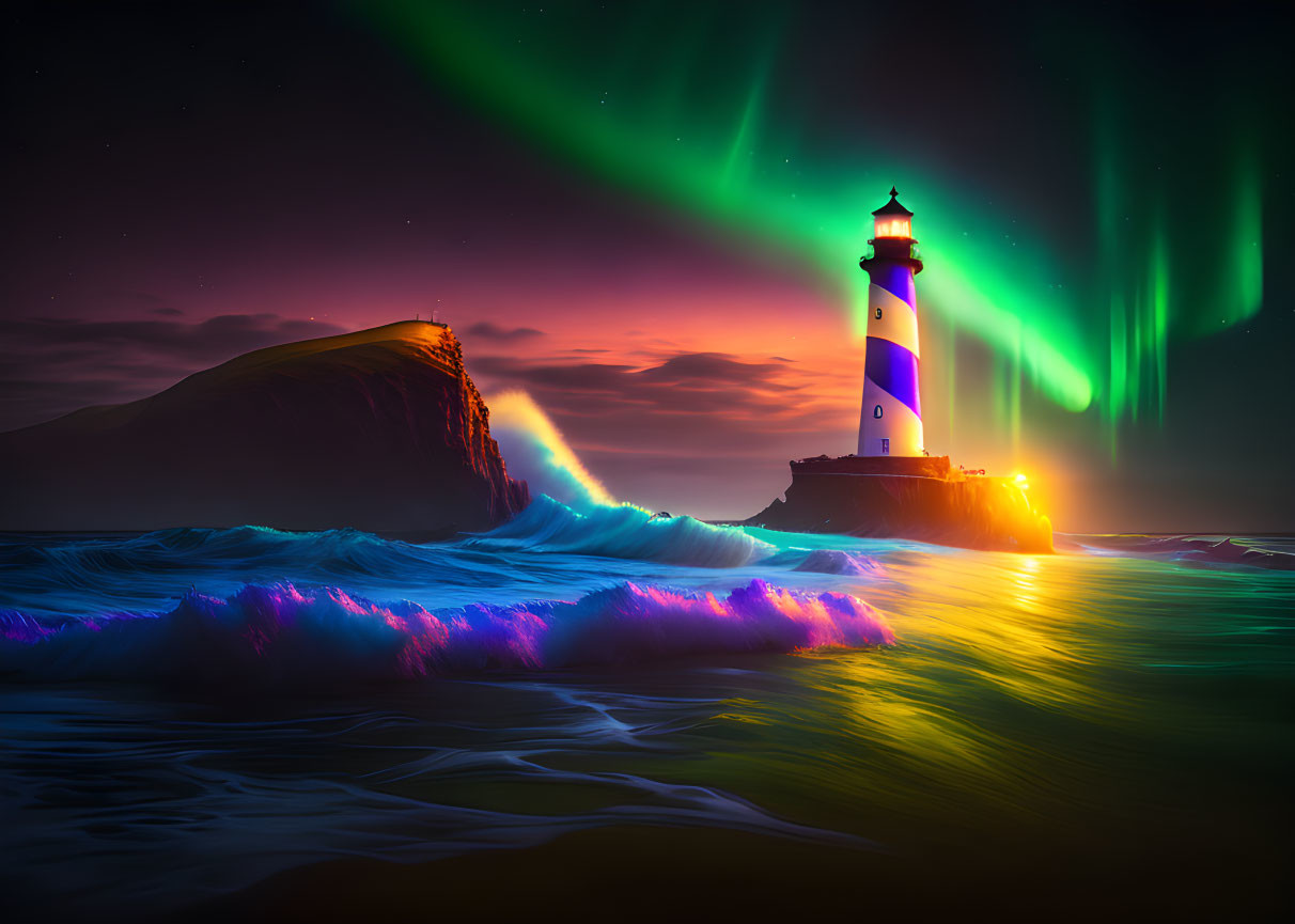 Lighthouse on rocky shore under aurora borealis