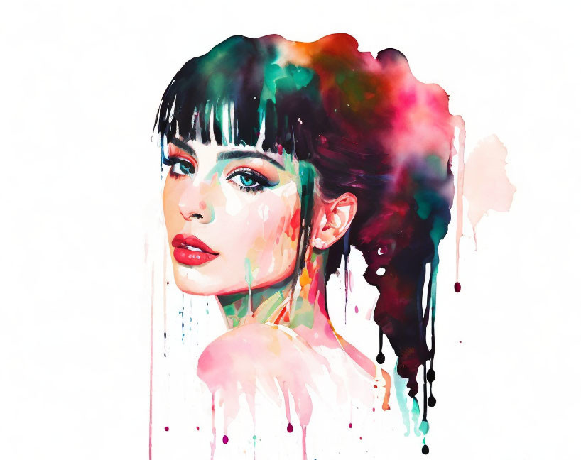 Vibrant Watercolor Portrait of a Woman with Bold Features