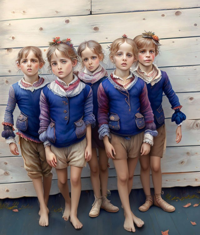 Five Children in Vintage Clothing Standing on Wooden Planks