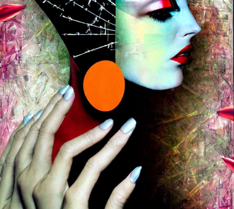 Collage-art style image of woman with blue skin and red lips against textured background.