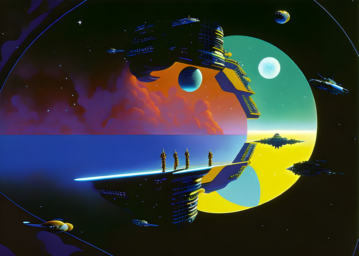 Futuristic space scene with ringed structure, starships, and floating platforms