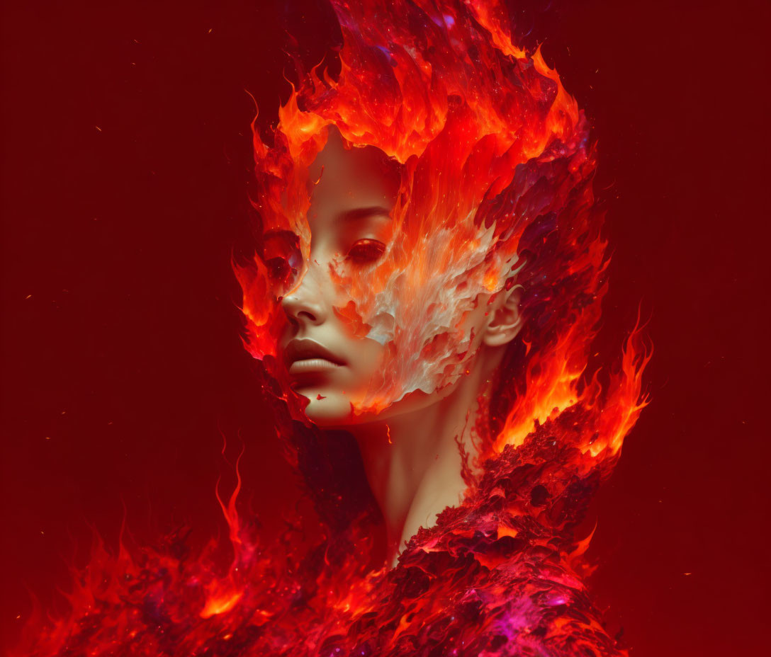 Fiery-haired woman engulfed in flames on red background