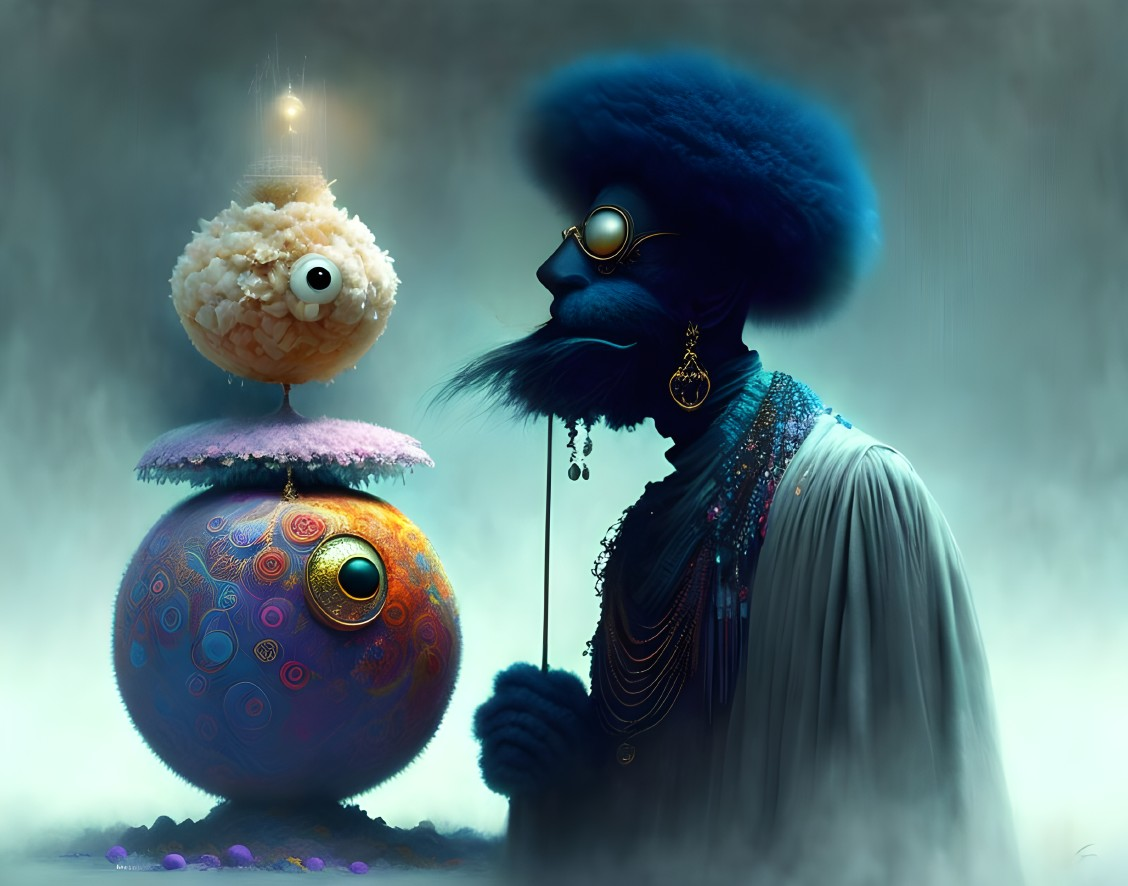 Surreal blue figure with monocle and fluffy creature on ball with whimsical eyes