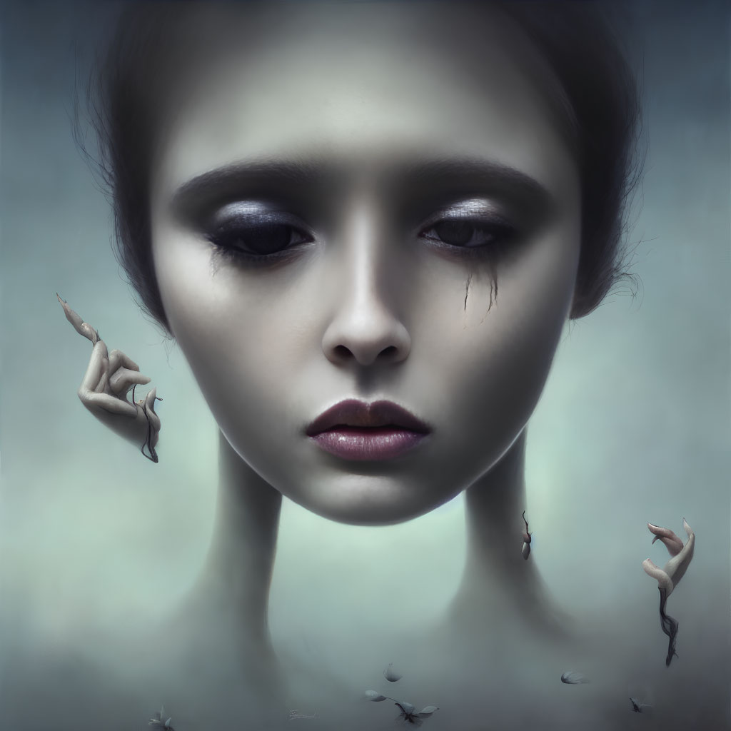 Surreal portrait: Woman with dark eye makeup and tiny human figures in soft background