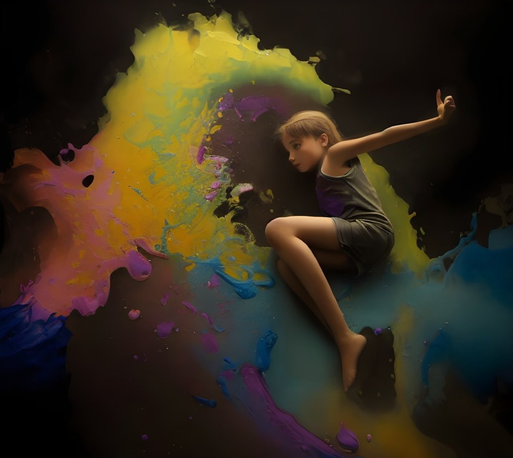 Child leaping through vibrant multicolored paint on dark background