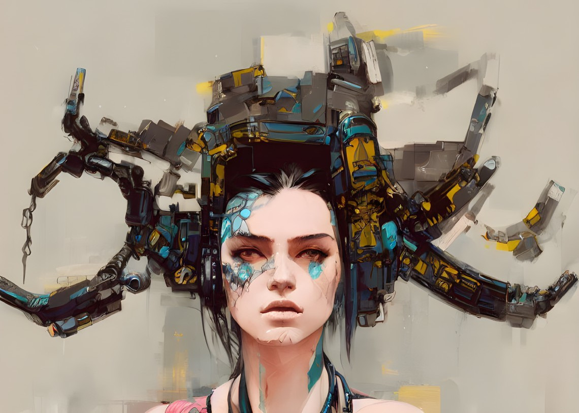 Digital artwork of woman with stern expression and mechanical headdress