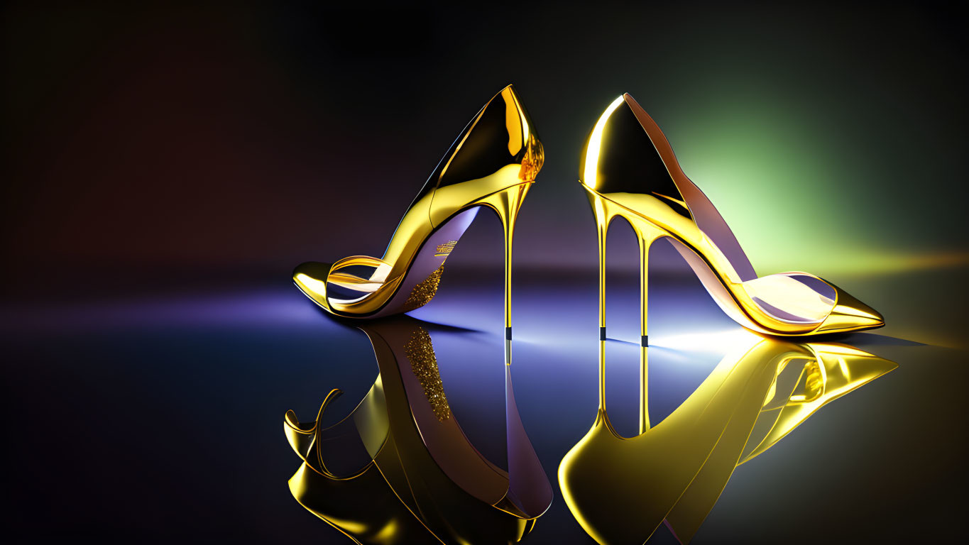 Golden high-heeled shoes on reflective surface against multicolored background