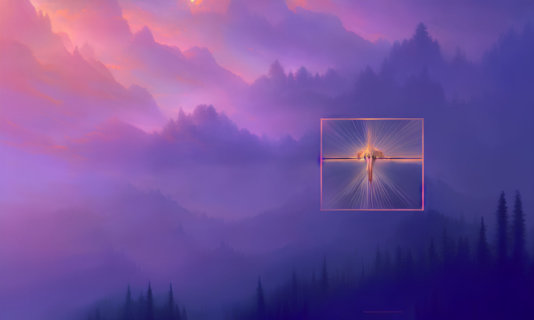 Purple-hued mountains with luminous figure in misty forest at dawn or dusk