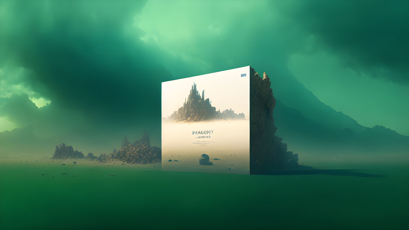 Surreal floating square album cover with misty landscape and green aurora sky