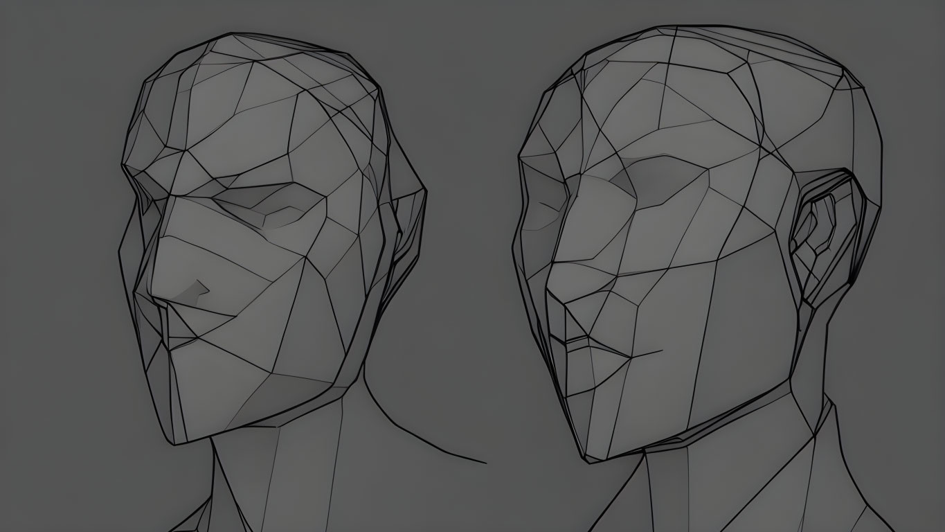 Geometric Wireframe Human Head Models on Grey Background