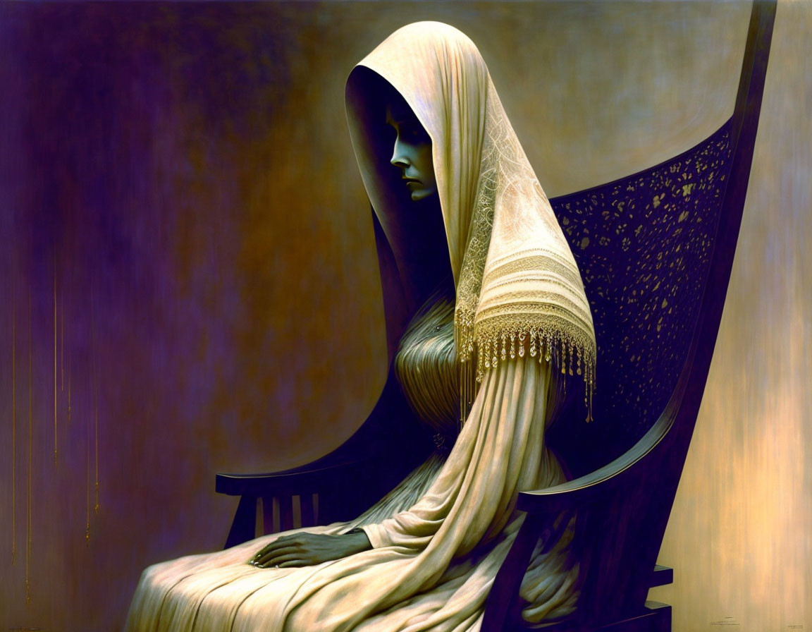 Mystical figure in golden fabric veiled against purple backdrop