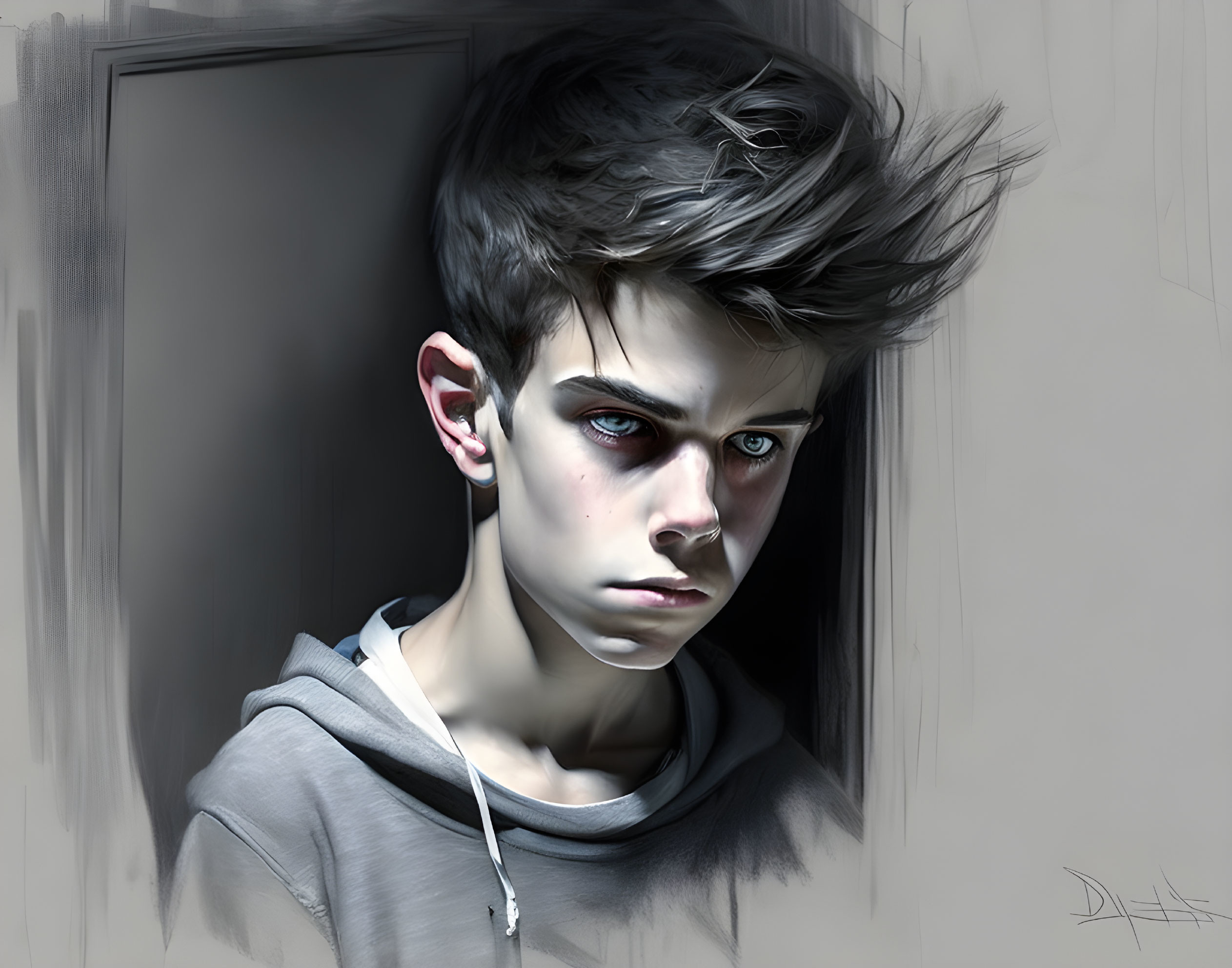 Digital artwork: Young man with tousled hair and intense eyes in hoodie by dark doorway