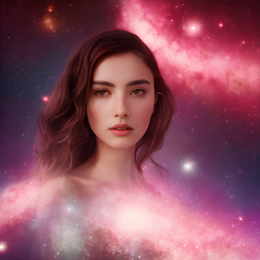 Portrait of a woman with cosmic galaxy effects in pink and red hues