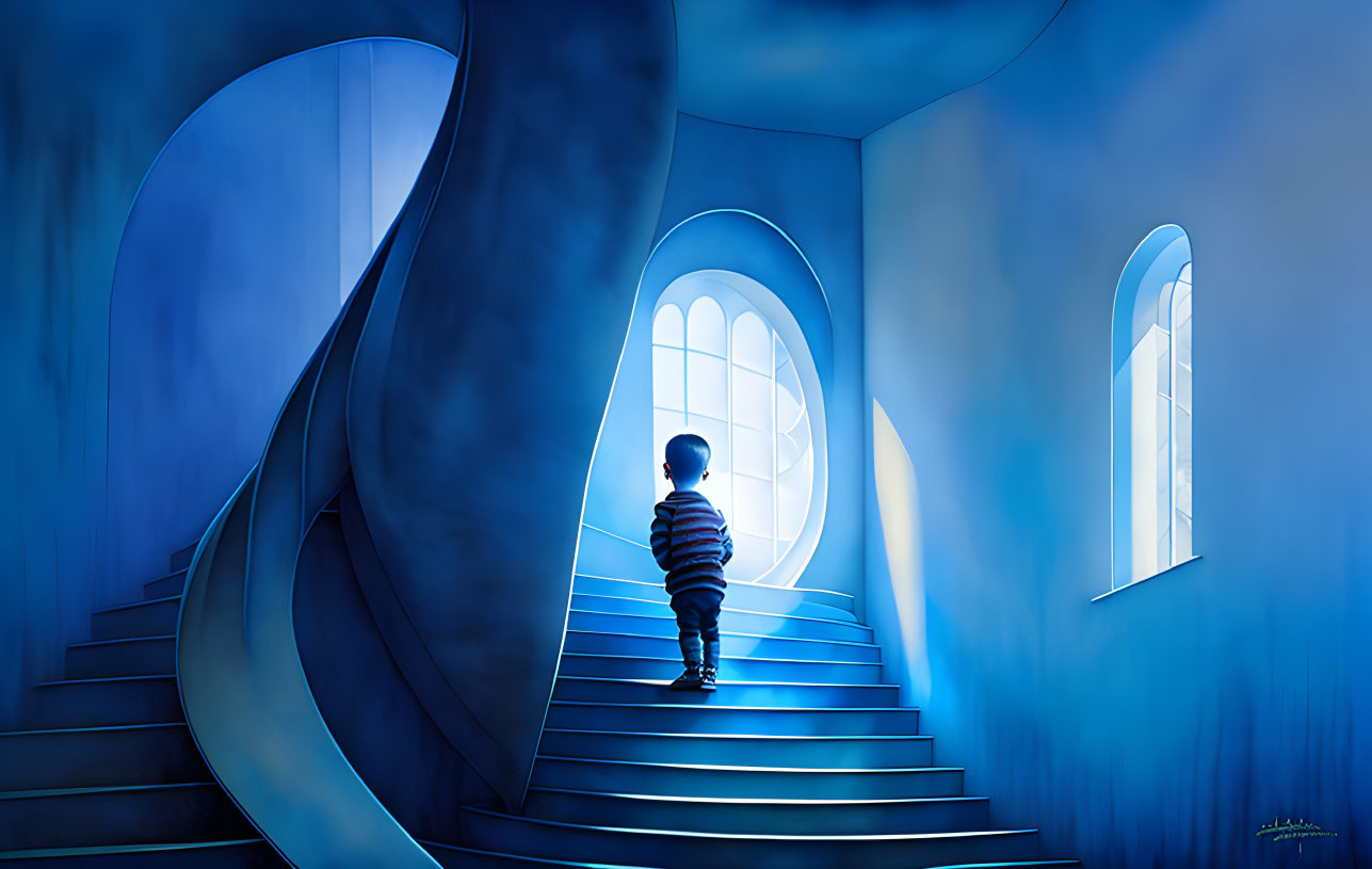 Child climbing spiral staircase in blue room with arched windows