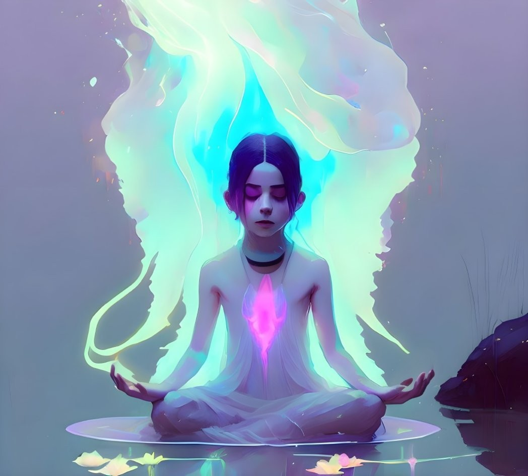 Meditating figure with radiant flame aura and glowing heart shape in serene setting