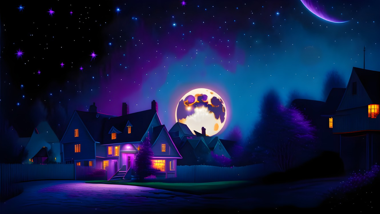 Starry night sky with glowing moon over houses and flying bats