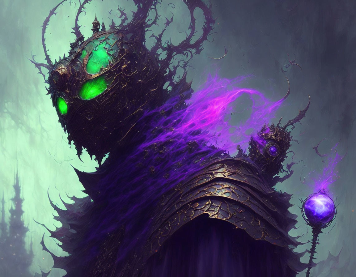 Mystical entity with green glowing eyes and dark armor in purple aura.