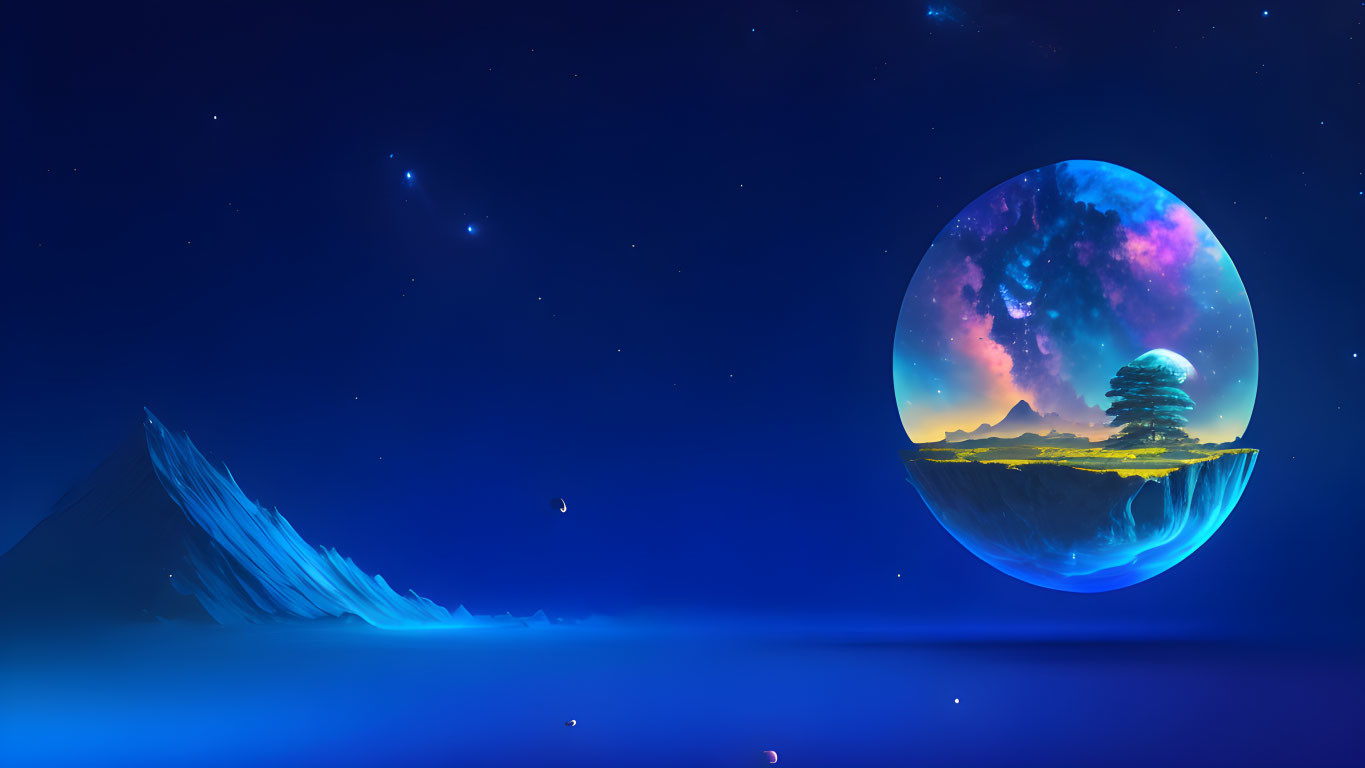 Surreal Neon Landscape: Floating Island, Tree, Mountains, Cosmic Backdrop, Icy Peaks