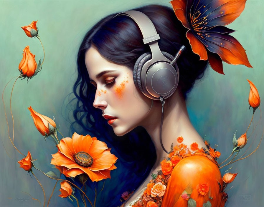 Dark-Haired Woman with Headphones and Orange Flowers on Teal Background