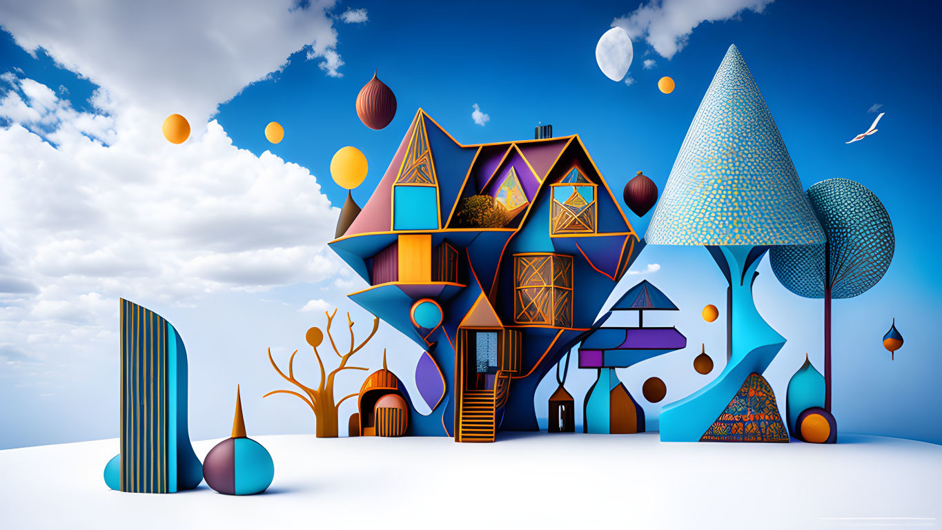 Abstract digital artwork of whimsical house with geometric shapes and stylized nature elements